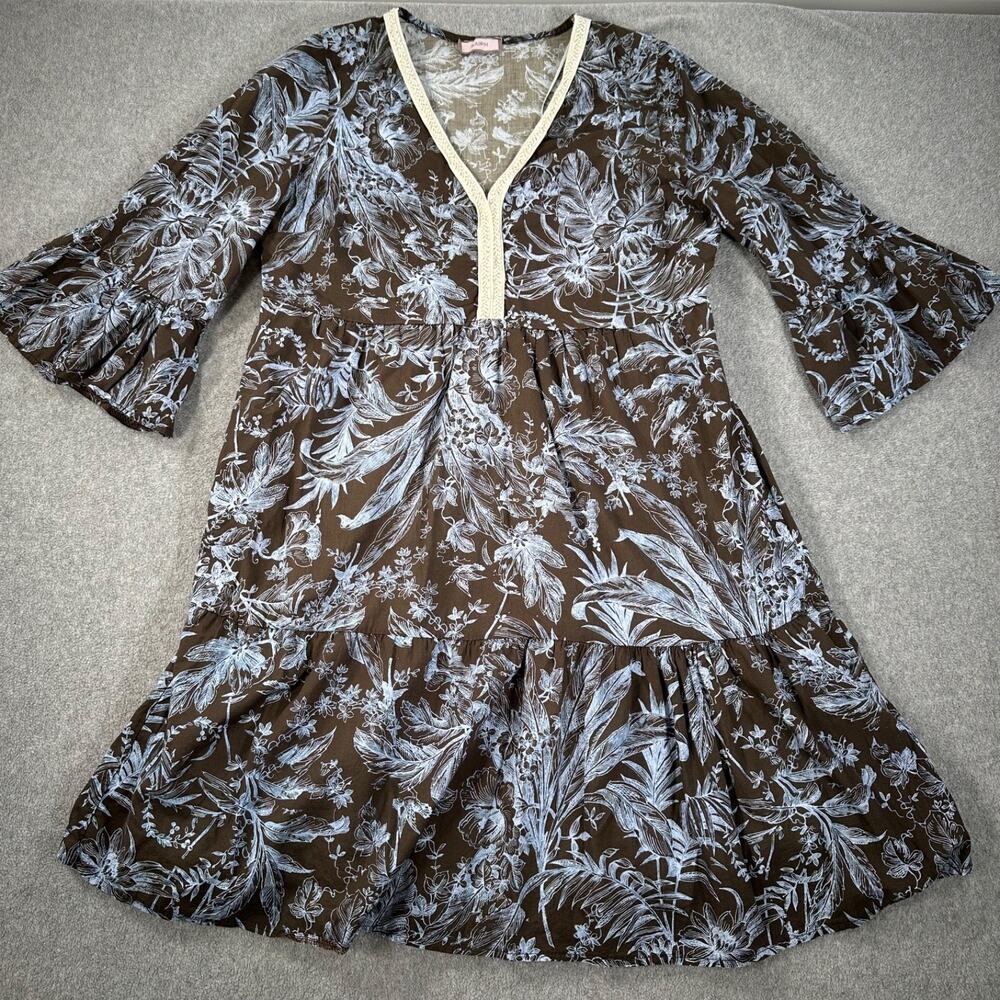 SAIPH Floral Dress Womens Large Blue Brown Cotton V-Neck Flare Sleeve Ruffle Hem